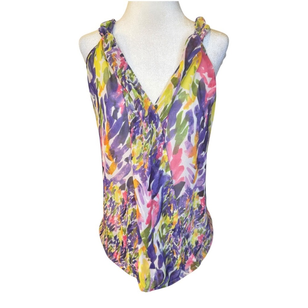 Cabi‎ Womens Abstract Floral Chiffon V-Neck Draped Tank Top Purple Yellow XS
